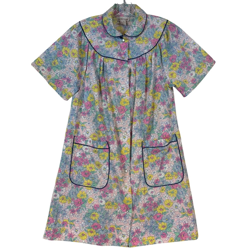 Vintage Laura Tyler Women Floral Duster Robe Snap Front Grannycore Cottagecore S